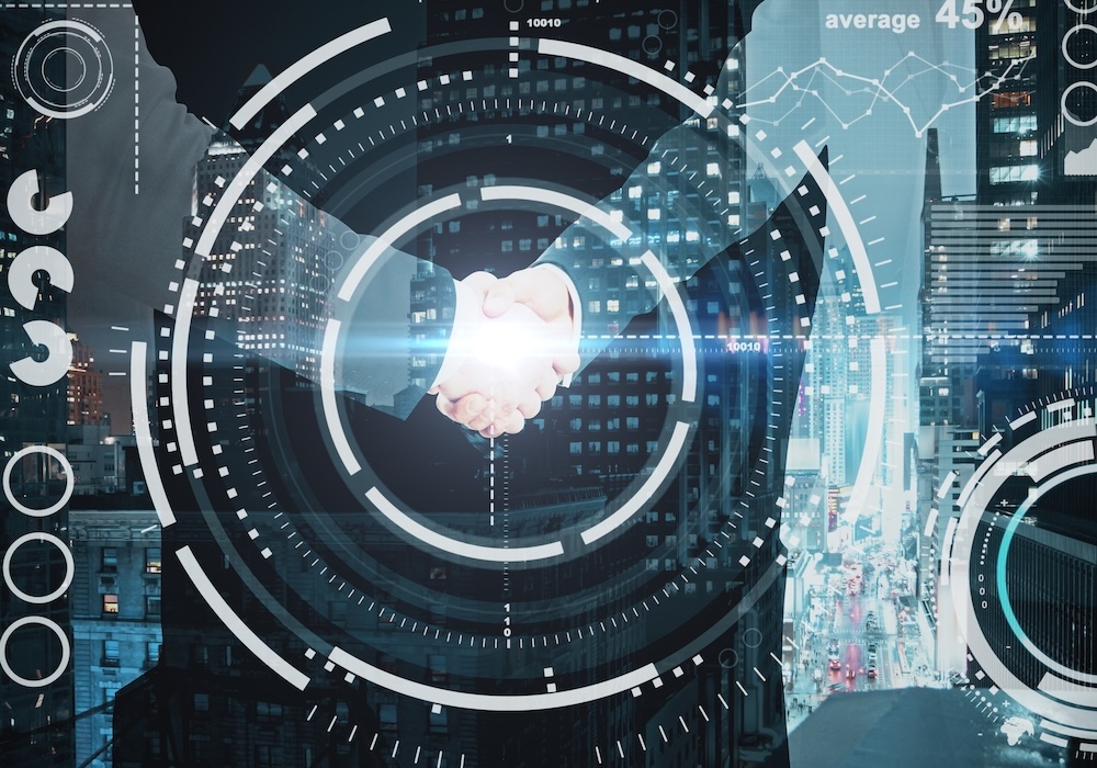 Abstract Digital Pattern With Handshake In The Background. Business Technologies Concept